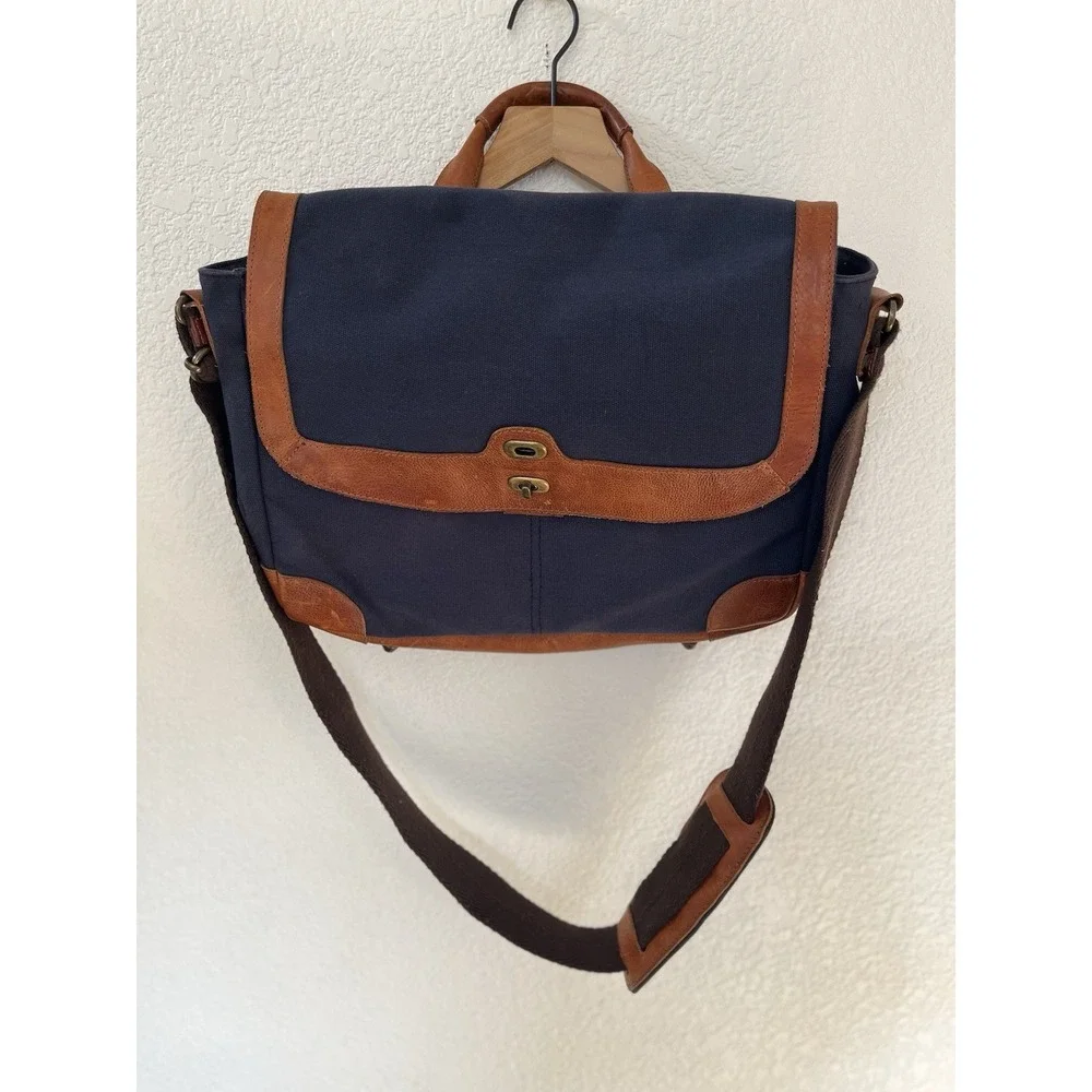 Mens Will Leather Goods Dennis Messenger Bag Navy Canvas Tan Leather One Size